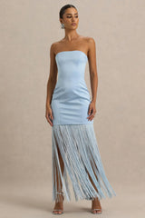 Trinity | Powder Blue Satin Bandeau Maxi Dress With Fringe