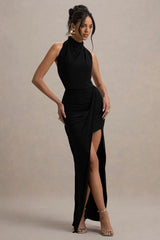 Hayden | Black High-Neck Draped Split Maxi Dress