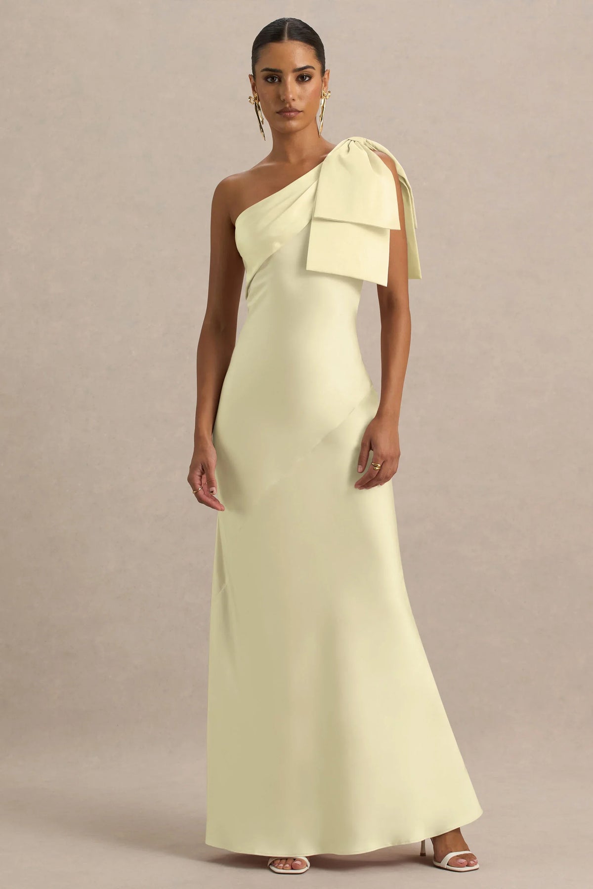 Valerie | Lemon Satin Asymmetric-Neck Maxi Dress With Bow Detail