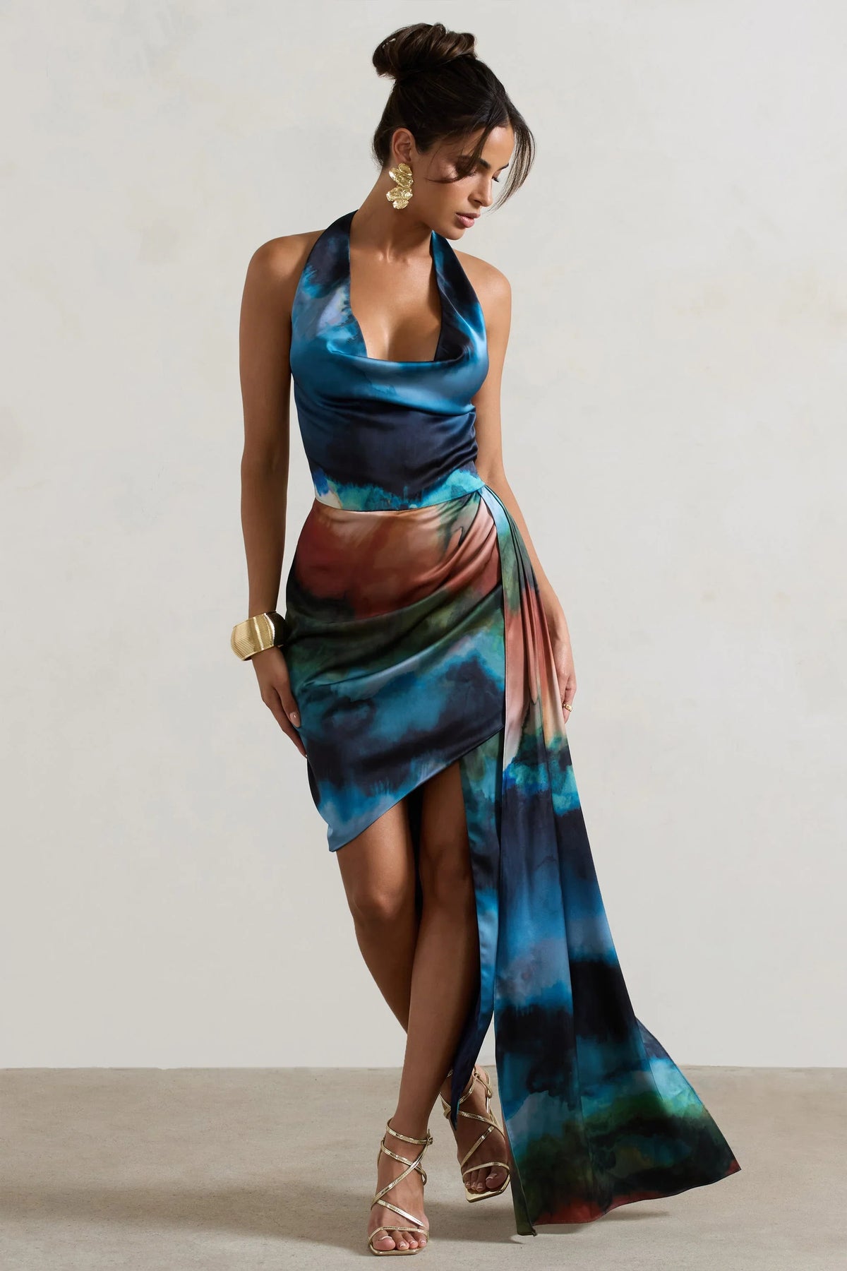 Bali | Blue Blur Print Satin Cowl-Neck Draped Midi Dress