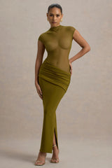 Asia | Green Sheer Short-Sleeve Draped Maxi Dress