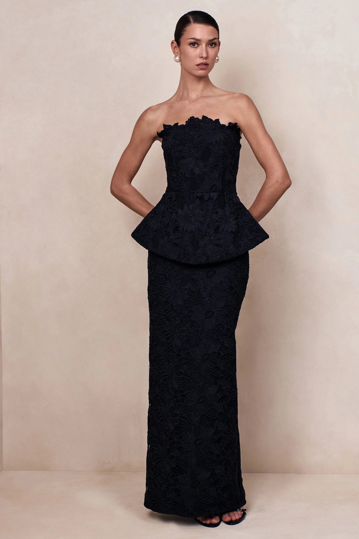 Delvine | Black Lace Bandeau Corset Maxi Dress