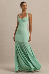 Kirby | Sage Corset Halter-Neck Maxi Dress With Sheer Detail