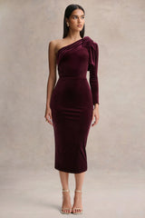 Vespera | Burgundy Velvet Asymmetric Neck Midi Dress With Bow Detail