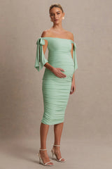 Chandelier | Light Green Bardot Maternity Midi Dress With Bow Details