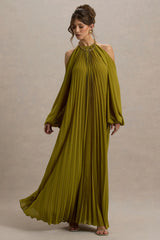Reyna | Olive Pleated Chiffon Cold-Shoulder Maxi Dress