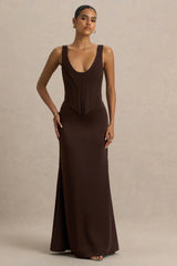 Morgan | Brown Satin Corset Maxi Dress