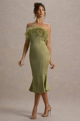 One And Only | Light Green Satin Feather Trim Bandeau Midi Dress