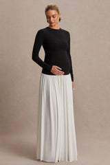 Monroe | Black And White Crew-Neck Maternity Maxi Dress With Drop-Waist