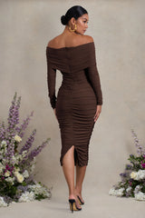 Davina | Brown Ruched Twist Bardot Maternity Midi Dress