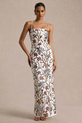 Kyle | Cream Sequin Floral Embellished Square-Neck Maxi Dress