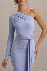 Sanya | Pale Blue Asymmetric One Sleeve Wrap Maxi Dress with Drape