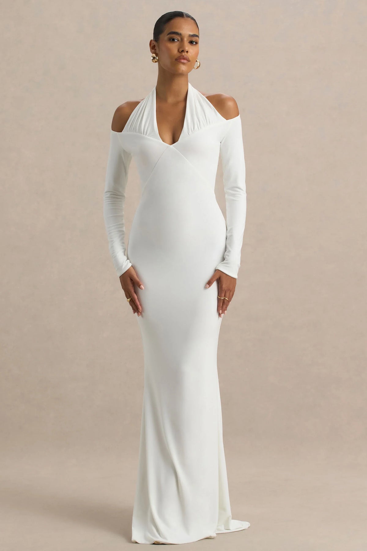 Living High | White Halter-Neck Maxi Dress With Long Sleeves