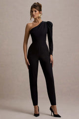 San Jose | Black One-Shoulder Puff-Sleeve Jumpsuit