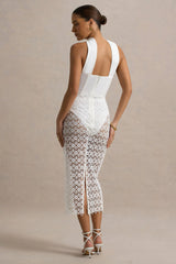 Tamala | White High-Neck Midi Dress With Lace Skirt