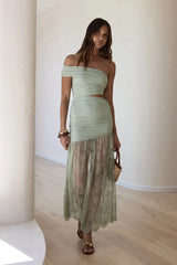 Blossoming Hearts Off Shoulder Lace Maxi Dress Sage