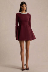 Eletta | Burgundy Embellished Crew-Neck Mini Dress