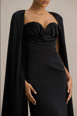 Wren | Black Satin Sweetheart-Neck Maxi Dress With Cape Sleeves