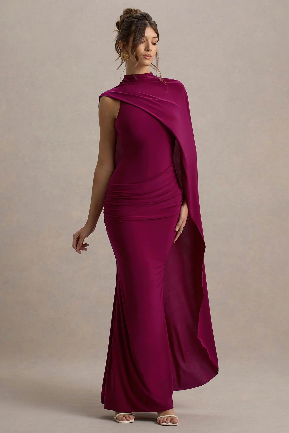 Maeve | Burgundy Cape-Sleeve Draped Maxi Dress