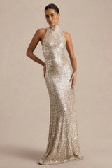 Tulia | Champagne Sequin High-Neck Maxi Dress