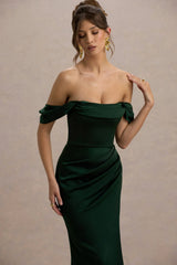 Annie | Bottle Green Satin Bardot Maxi Dress With Split Wrap Skirt