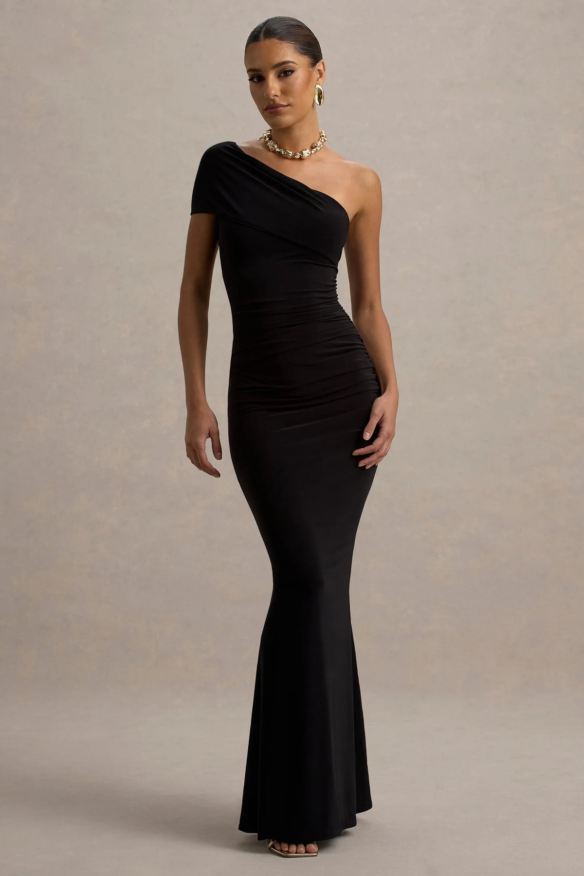 Alethea | Black Asymmetric Bardot Maxi Dress