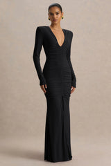 Jewel | Black Plunge-Neck Maxi Dress With Front Split and Ruched Detailing