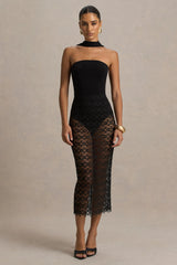 Tamala | Black High-Neck Midi Dress With Lace Skirt