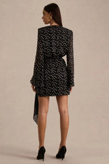 Mela | Black And White Polka Dot Plunge-Neck Mini Dress With Bell-Sleeves And Sash Detail