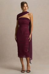 Secret | Burgundy Bandeau Lace Midi Dress With Scarf Detail