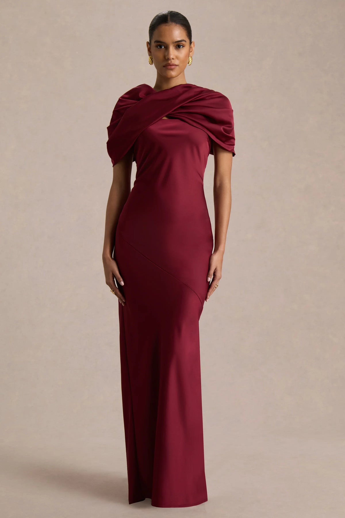 Yoli | Burgundy Satin Maxi Dress With Removable Twist-Cape