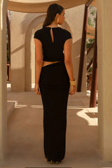 Pia | Black Short-Sleeve Maxi Dress With Cut-Out