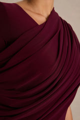 Rubelle | Burgundy Asymmetric Neck Maxi Dress With Draped Detailing