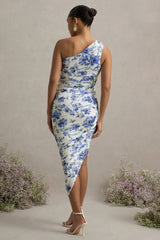 Late Night | Blue Floral Print Maternity Ruched One Shoulder Midi Dress
