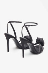 Sweet Step | Black Satin Strappy Heeled Sandals With Flowers