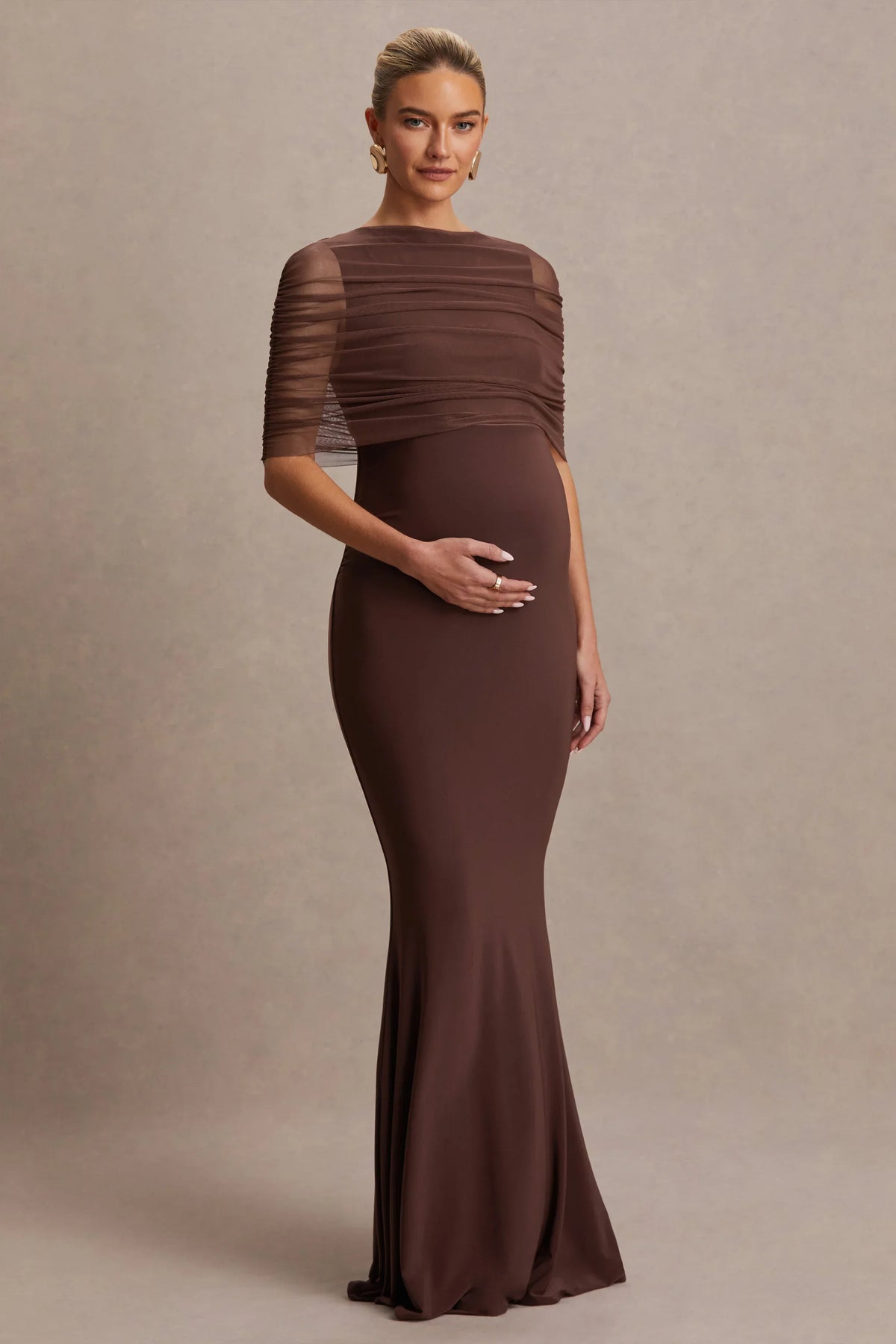 Zaria | Brown Crew-Neck Maternity Maxi Dress With Cape-Overlay