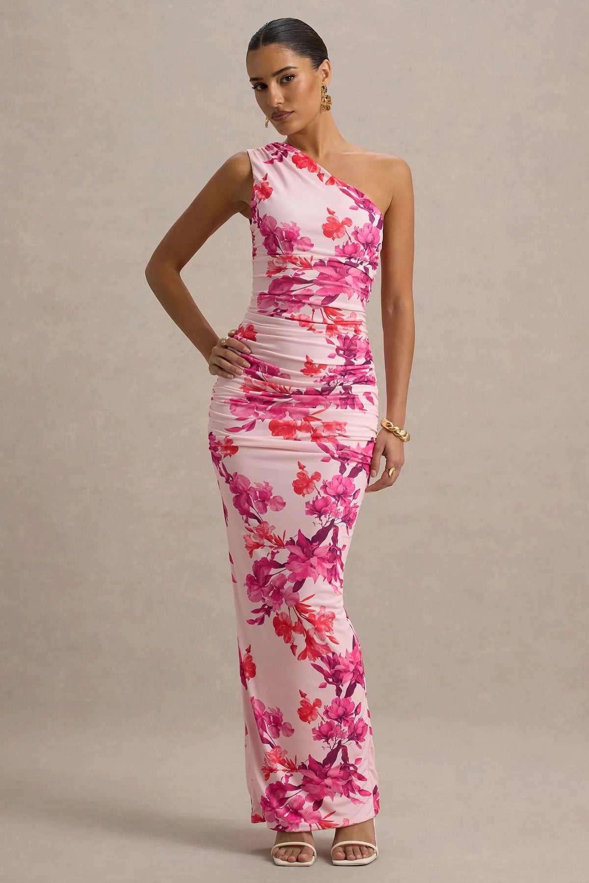 Dalarie | Pink and Orange Floral Print One-Shoulder Gathered Maxi Dress
