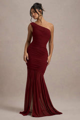 Bastia | Burgundy Ruched Mesh Asymmetric Maxi Dress