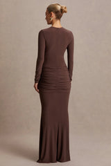 Aveny | Brown Crew-Neck Maternity Maxi Dress With Ruched-Detailing And Sash