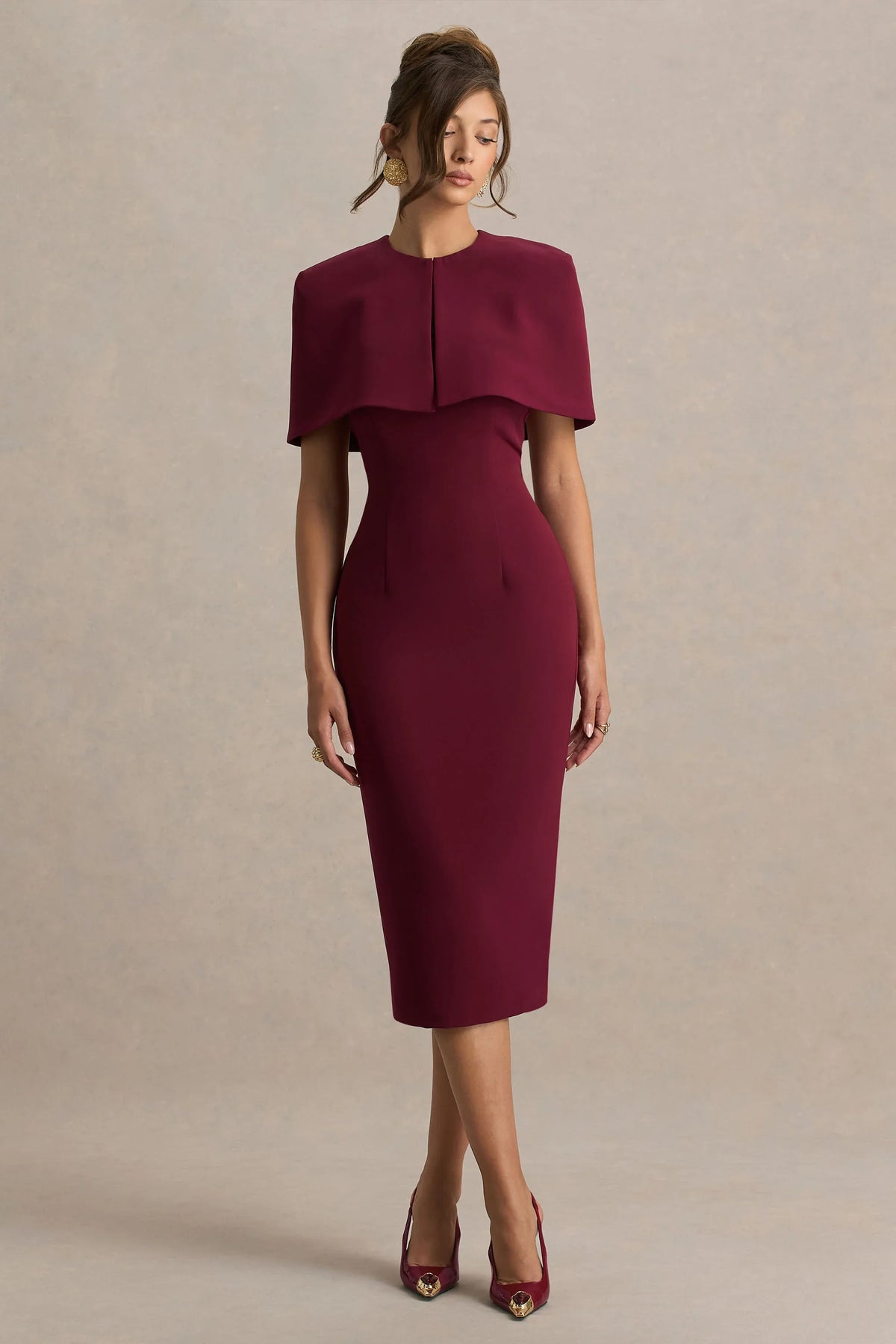 Baylor | Burgundy Midi-Dress With Removable Cape