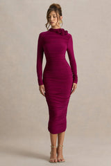 Tamara | Burgundy Long-Sleeve Ruched Midi Dress