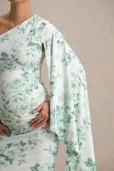Aliana | Green Porcelain Print Asymmetric Maternity Maxi Dress With Ruched Detailing
