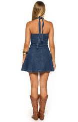 Isalin Mid Wash Denim Halter Mini Dress
