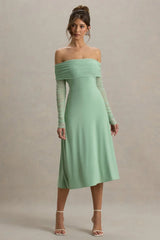 Flatter Me | Light Green Bardot Midi Dress With Mesh Sleeves