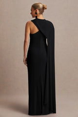 Tessy | Black Asymmetric-Neck Maternity Maxi Dress With Cape-Sleeve