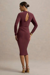 Pandora | Burgundy Long-Sleeve Midi Dress With Cut-Out