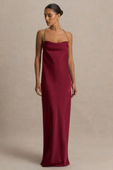Cher | Burgundy Satin Square-Neck Maxi Dress With Embellished-Detailed Open-Back