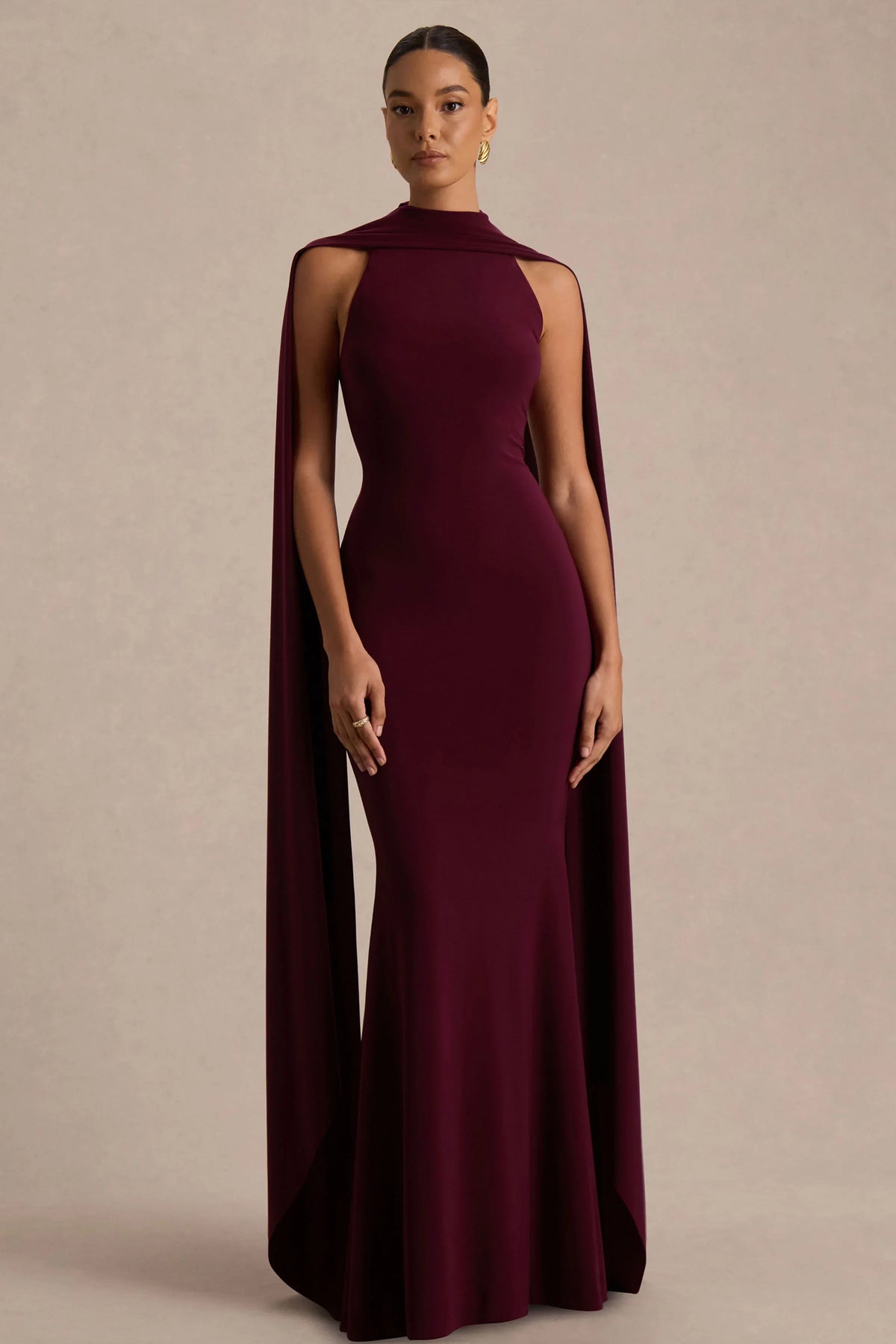 Cordy | Burgundy High-Neck Maxi Dress With Scarf-Detail