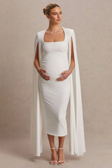 Flawless | White Square-Neck Maternity Midi Dress With Cape-Sleeves