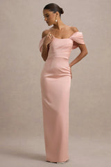 Annita | Light Pink Satin Bardot Maxi Dress
